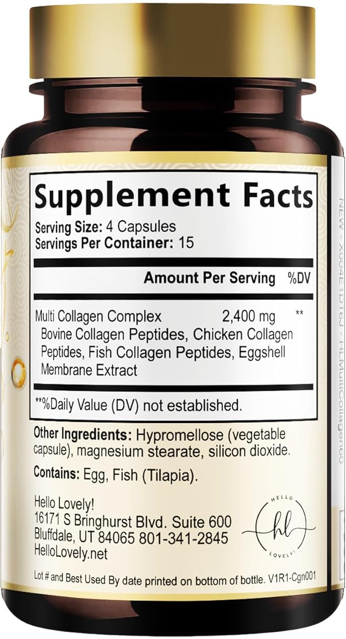 Multi Collagen Peptides for Women & Men - 2400mg per Serving - Best Hydrolyzed Collagen Complex with Type I, II, III, V, X - Hair, Skin, Nails & Joint Support Supplement - Bottled USA - 60 Capsules