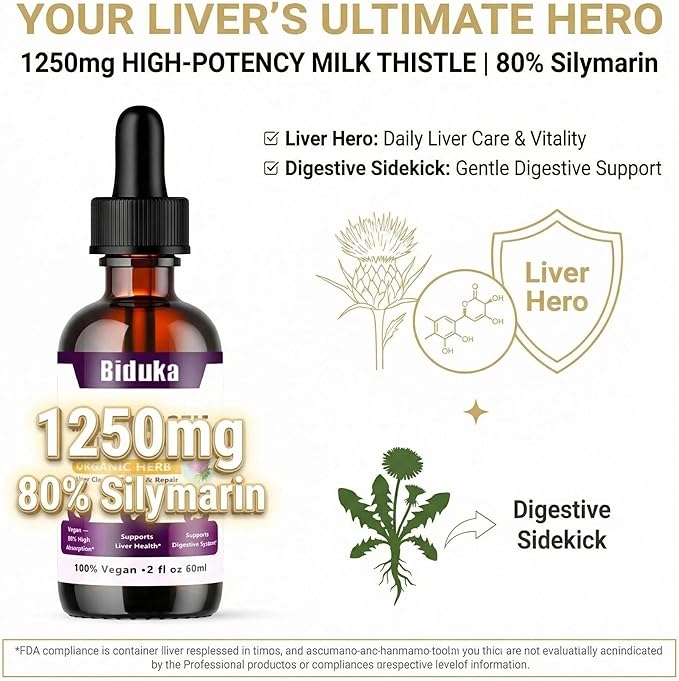 Organic Milk Thistle Liquid Drops with Dandelion Liquid, 80% Silymarin, 98% High Absorption, Liver Support, Vegan Gluten-Free GMO-Free, Extra Strength, 2 fl oz