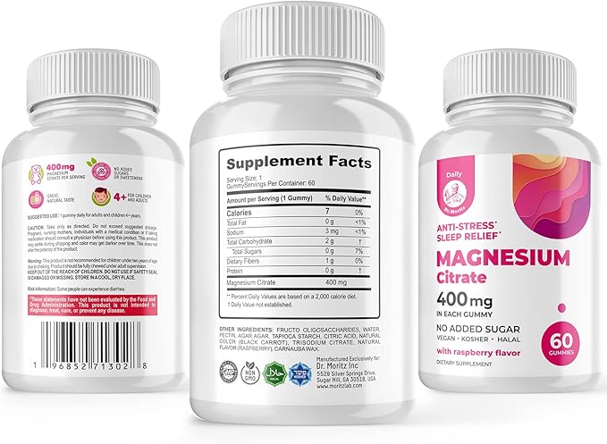 Magnesium Gummies Sugar-Free - Calm Magnesium Supplement for Children, Supports restful Sleep, Sugar-Free Magnesium Citrate Gummies for Kids & Adults (120 Count)