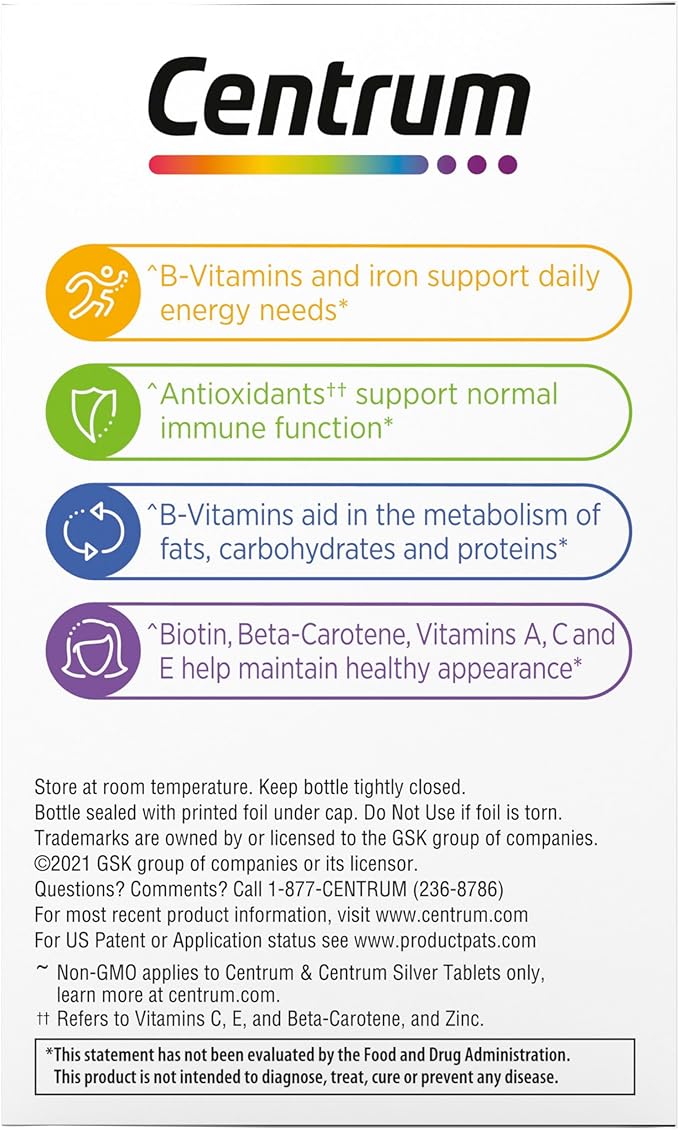 Centrum Multivitamin for Women, Multivitamin/Multimineral Supplement with Iron, Vitamin D3, B Vitamins and Antioxidant Vitamins C and E, Gluten Free, Non-GMO Ingredients - 120 Count