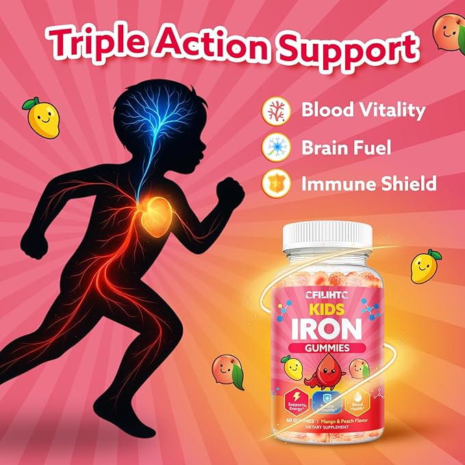 Iron Gummies for Kids & Teens, Kids Multivitamin with Iron Supplement, Calcium, Folate, Zinc, Prebiotic - for Blood Builder & Energy Support, Iron Deficiency - Vegan & Non-GMO - Mango & Peach