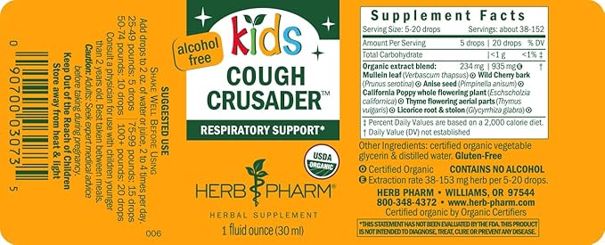 Herb Pharm Kids Cough Crusader – Certified Organic Alcohol-Free Herbal Liquid Formula for Kids, Immune & Throat Comfort Support, 1 fl oz