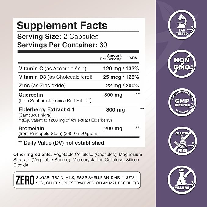 Gade Nutrition Quercetin with Bromelain & Elderberry | Quercetin with Vitamin C and Zinc | Zinc Quercetin 500mg with Vitamin D3 | Daily Immune Support Supplement - 2 Months Supply