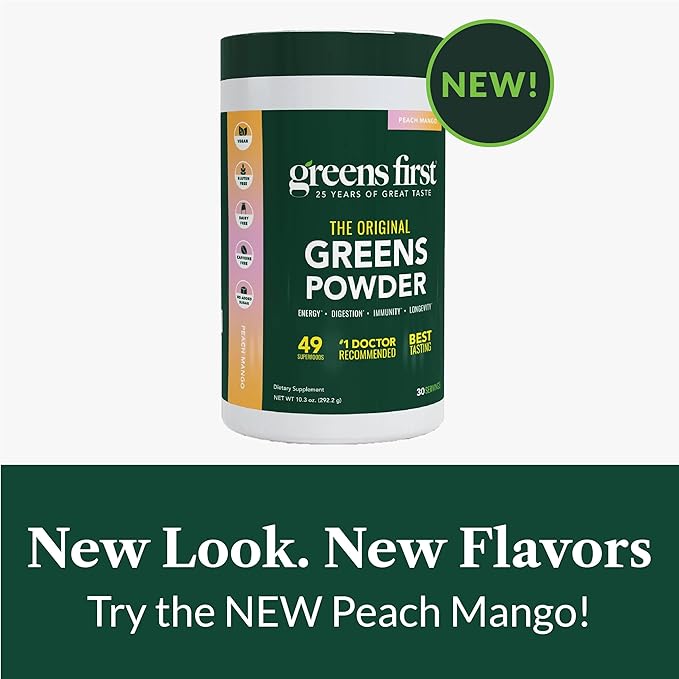 Greens First Original Greens Powder - 49 Superfoods - Organic Fruits & Veggies - Prebiotics, Probiotics & Digestive Enzymes - Antioxidant Smoothie - Dairy Free/Vegan/Non-GMO (Peach Mango, 30 Servings)