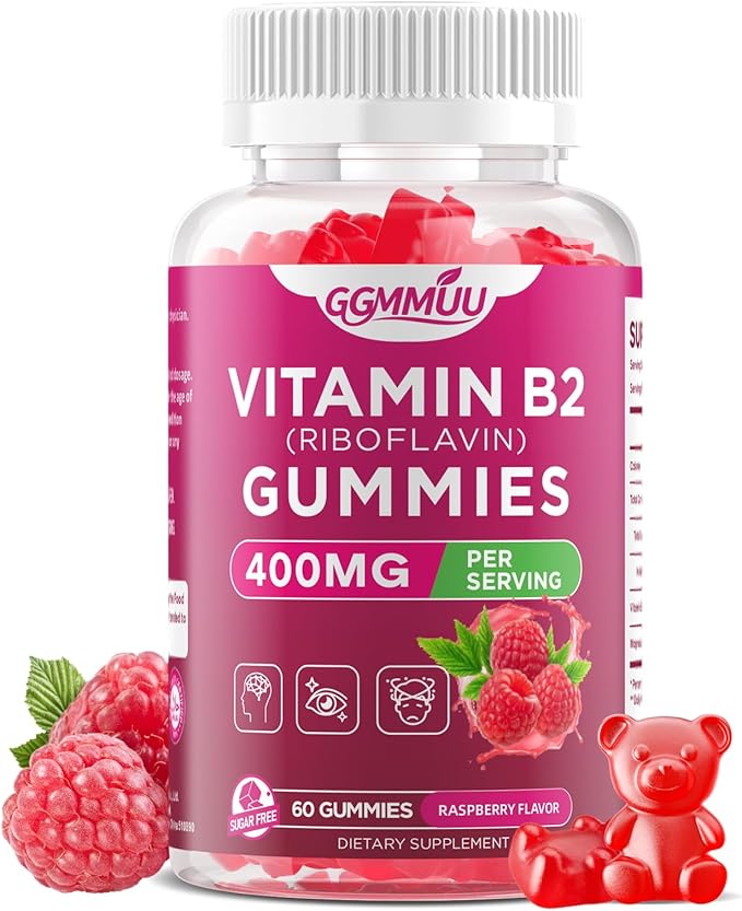 Vitamin B2 Gummies Riboflavin 400mg Supplement with Magnesium for Kids & Adults B2 Gummies for Nervous System Support & Skin Health, Sugar-Free, Raspberry Flavor, 60 Count