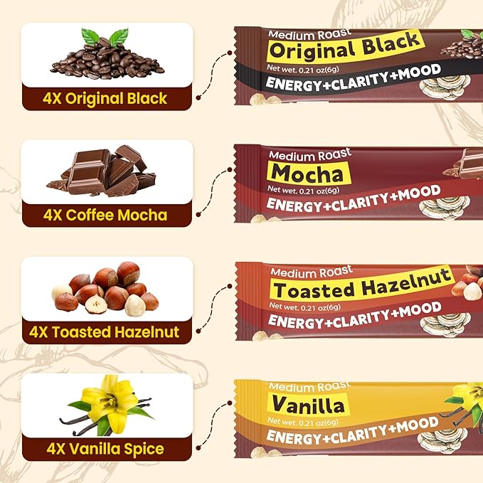 Mushroom Coffee - 11 in 1 Mushroom Blend with Lions Mane,Ashwagandha KSM-66 & L-Theanine Instant Mushrooms Coffee Packets for Energy, Focus & Digestion Sugar-Free 16 Servings Variety Pack