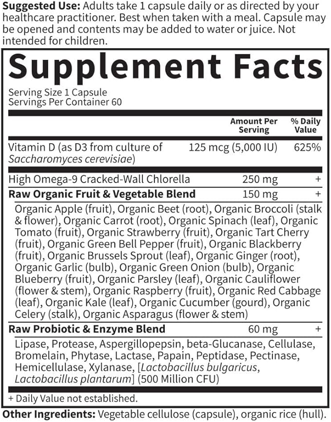 Garden of Life Vitamin D3 5000 IU, Raw Whole Food Supplements with Chlorella, Fruit, Veggies & Probiotics for Bone & Immune Health, 60 Vegetarian Capsules (Pack of 6)
