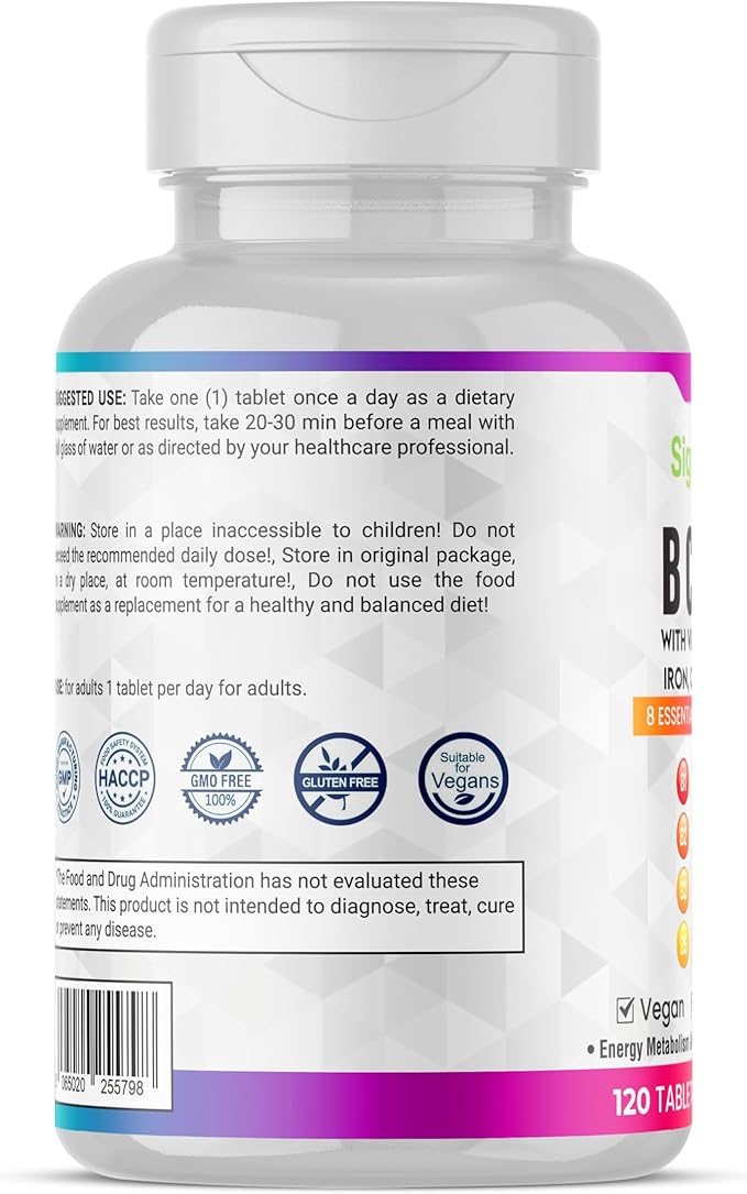 B Complex with Vitamin C, Folic Acid, Iron, Choline & Magnesium - Advanced High Potency B1, B2, B3, B5, B6, B7, B9, B12 - Energy & Nervous System Support - Vegan, Non-GMO 120 Tablets