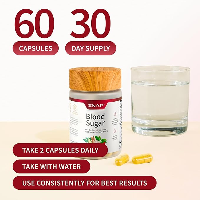 Snap Supplements Blood Sugar Blend with Berberine, CoQ10, Cinnamon, and Gymnema to Support Already Healthy Blood Sugar, Metabolic Health and Energy, Sugar Free, 60 Capsules (Packaging May Vary)