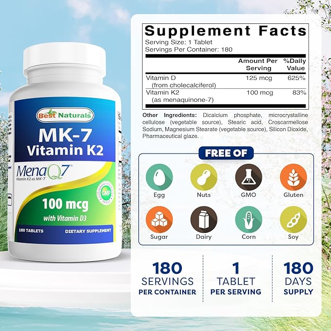 Best Naturals Vitamin K2 (MK7) with D3 Supplement Bone and Heart Health (5000 IU Vitamin D3 & 100 mcg Vitamin K2 MK7), 180 Tablets (Pack of 2)