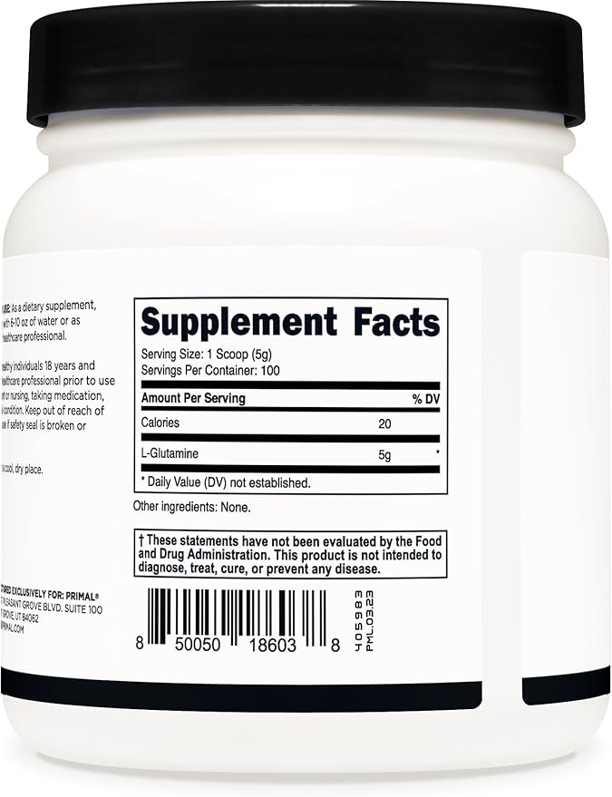 Primal L-Glutamine Powder (500 Grams, 100 Servings) | Pure Unflavored Glutamine Amino Acid for Sport & Workout Support and Performance - Gluten Free, Non-GMO Nutritional Supplement