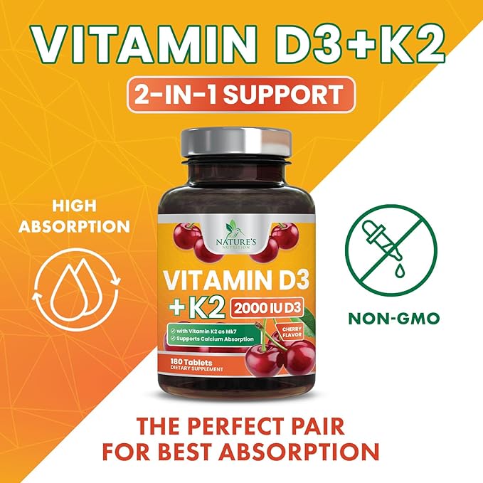Vitamin D 2000 IU 50mcg Per Tablet - Vitamins D3 & K2 (MK7) Complex Supplement for Bone, Teeth, Muscle, Calcium Absorption, Supports Immune & Heart Health, Chewable Formula USA Bottled - 180 Tablets