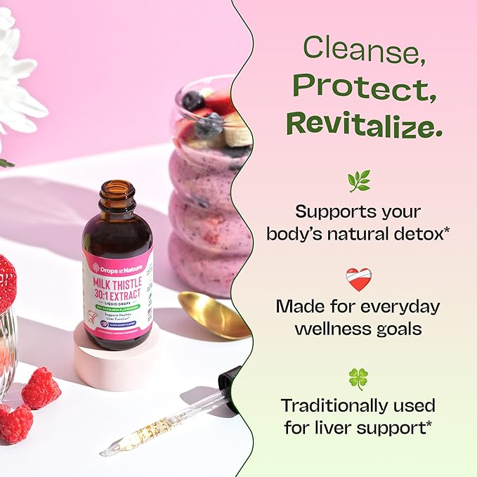 Milk Thistle Drops with 80% Silymarin Flavonoids – Vegan, Non-GMO, Fast-Absorbing – Easily Mix with Drinks – Milk Thistle Supplement for Liver, Immune Care and Antioxidant Support (Mixed Berry, 60 mL)