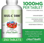 Maxi Health 1000 mg Vitamin C - 1000mg Tablets Ultra High Absorption Formula - Gluten Free Kosher Dietary Non GMO Supplement for Immune Support - Vitamin C Tablets from Ascorbic Acid, (250 Count)