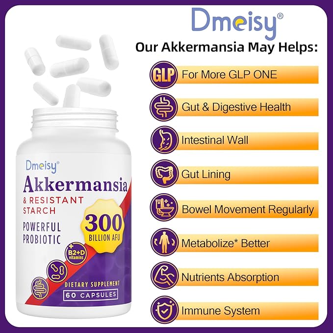 Akkermansia Supplement - 300 Billion AFU Akkermansia Muciniphila, Akkermansia Probiotic for Women & Men, for Boost , Digestive, Gut, Immunity, Enhances Gut Lining Function & Intestinal Walls, 60 Count