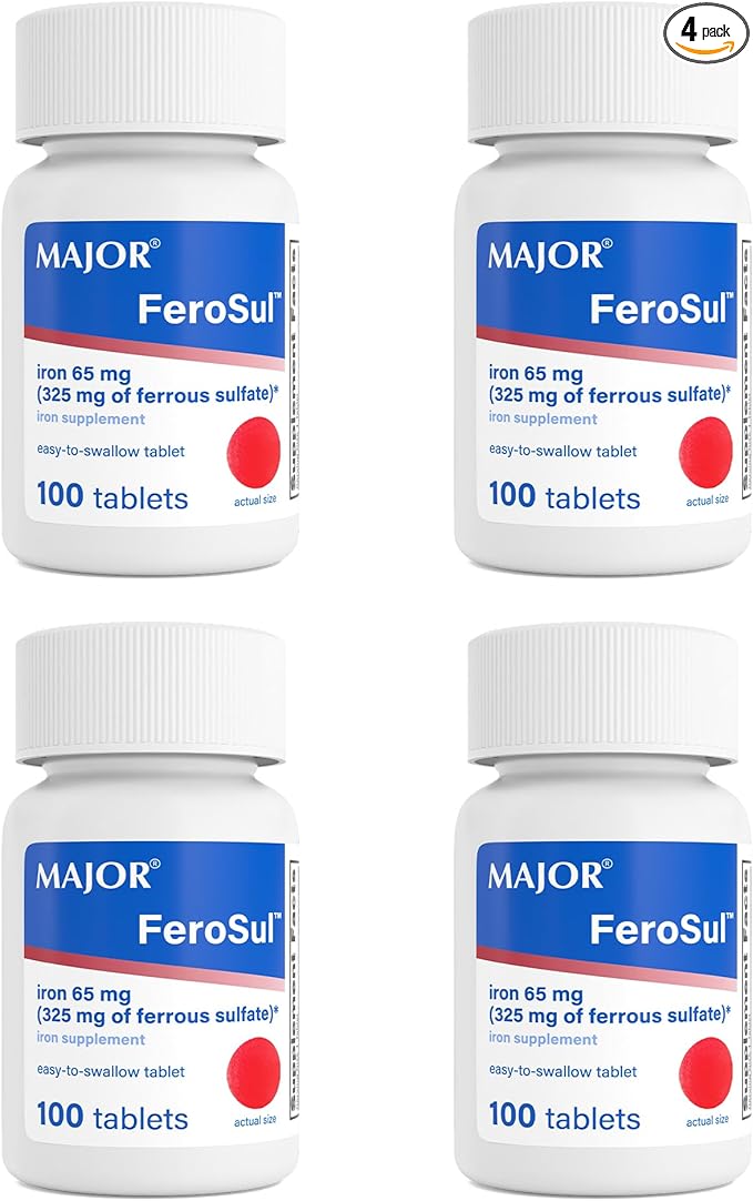 Major FeroSul - Ferrous Sulfate 325 mg Tablets - Iron Supplement for Women and Men - Specially Coated Easy-to-Swallow Tablets - Red - 100 Count (4 Pack)