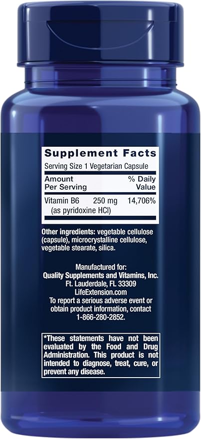 Life Extension Vitamin B6, 250 mg, high Potency, Cardiovascular Health, neurological Health, Eye Health, Healthy Kidney Function, Gluten-Free, Non-GMO, Vegetarian, 100 Capsules