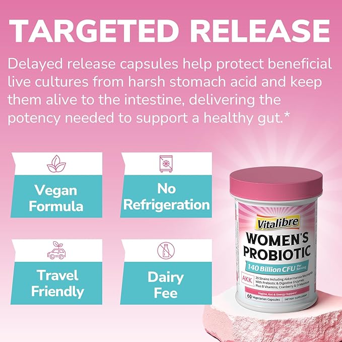 Women's Probiotic Plus, Akkermansia, 140 Billion CFU, 19 Strains with AKK, Vitamin B6, B9, B12, Biotin, Cranberry, D-Mannose, Gut, Vagina Health, 60 Vegetarian Caps