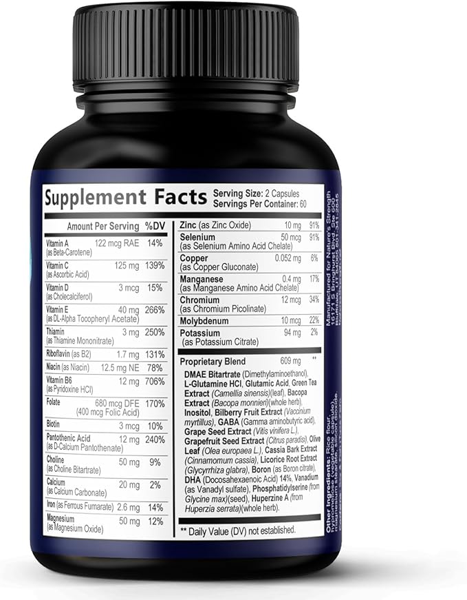 Brain Memory Supplement Pills - 3X Strength Nootropics for Concentration, Clarity & Focus Support - Brain Health Cognitive Vitamins with Bacopa, Phosphatidylserine & DMAE, Brain Booster - 120 Capsules