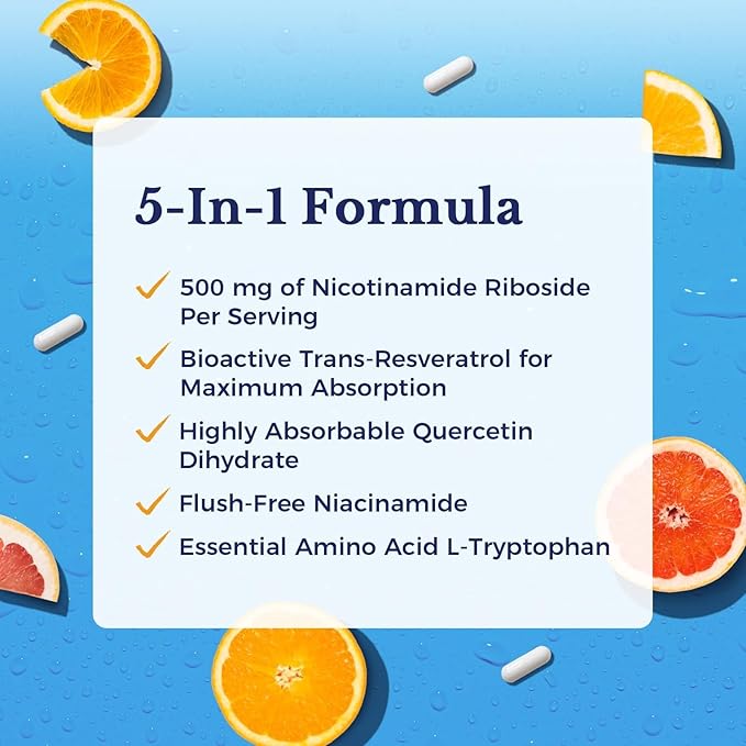 Vitalitown 5 in 1 NAD+, NMN Supplement Alternatives, Nicotinamide Riboside (NR), Trans-Resveratrol, Quercetin, Niacinamide, L-Tryptophan, for Cellular Energy, Heart, Skin, 90 Veggie Capsules