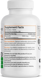 Bronson Vitamin B12 1000 mcg Sustained Release Premium Non GMO Tablets Supports Nervous System, Healthy Brain Function and Energy Production, 180 Tablets