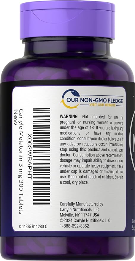 Carlyle Melatonin 3mg Tablets | 300 Count | Low Dose and Drug Free | Vegetarian, Non-GMO, Gluten Free Supplement