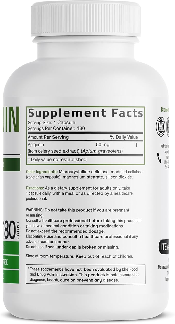 Bronson Apigenin 50mg Apium Graveolens Once Daily Formula, 180 Vegetarian Capsules