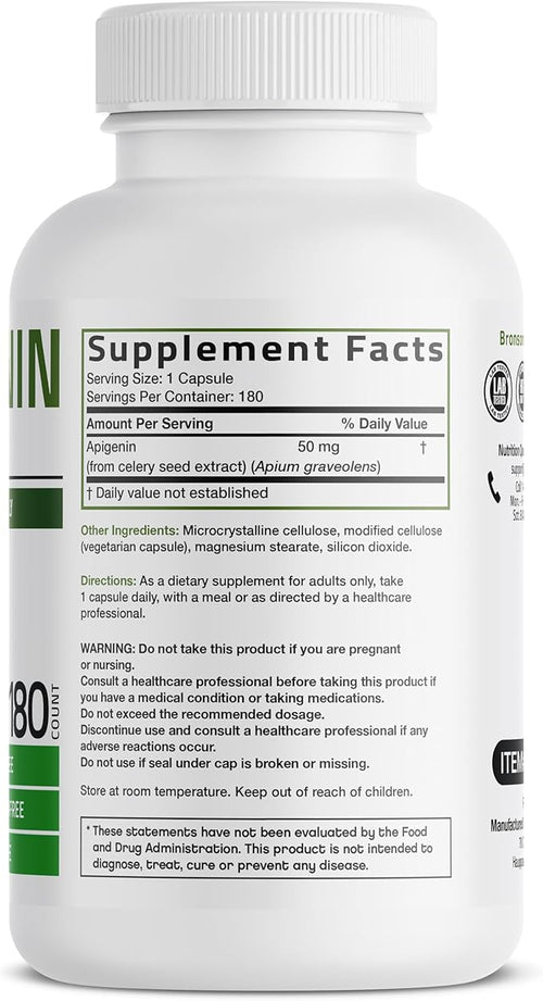 Bronson Apigenin 50mg Apium Graveolens Once Daily Formula, 180 Vegetarian Capsules