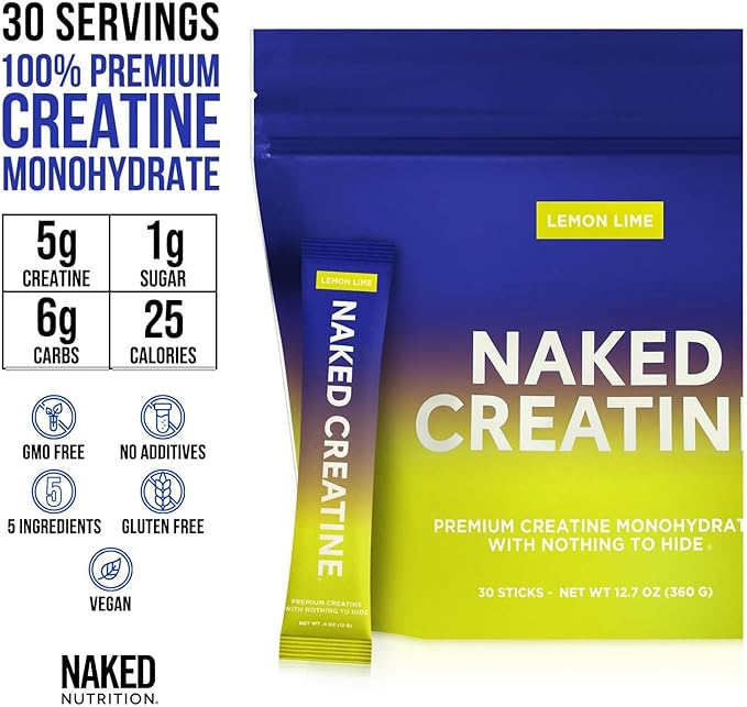 NAKED Pure Micronized Lemon Lime Creatine Monohydrate Stick Packs, Vegan, Non-GMO, Gluten Free, Soy Free. Aid Strength Gains, No Additives - 30 Stick Packs
