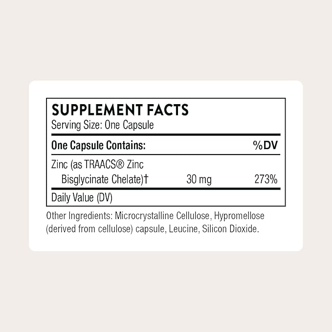 THORNE - Zinc Bisglycinate 30 mg - Highly Absorbable Zinc Supplement - Supports Immune System, Eye, Skin & Reproductive Health* - Third-Party Certified - Gluten, Dairy & Soy-Free - 60 Capsules