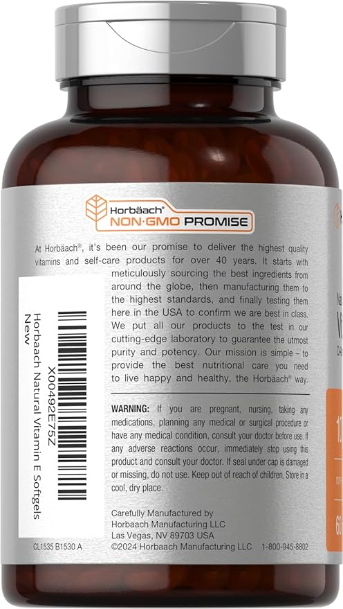 Horbäach Vitamin E 1000 iu Softgels | 671mg | 60 Count | Non-GMO and Gluten Free Naturally-Sourced Formula | D-Alpha Tocopherol