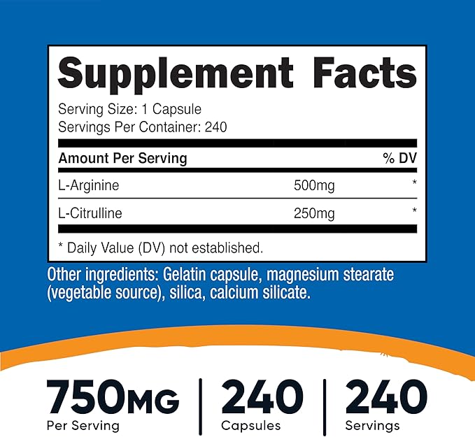 Nutricost L-Arginine L-Citrulline Complex 750mg, 240 Capsules (2 Bottles) - Non-GMO