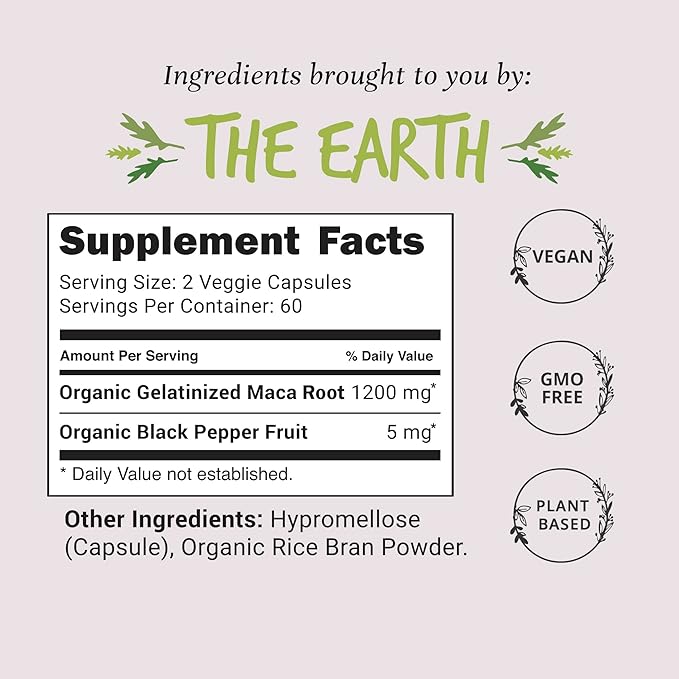 Organic Maca Root Capsules 1200 mg – Libido Booster for Women Fast Acting & Potent | Female Maca Supplement | Energy Pills from Peru | Includes Black Pepper for High Absorption | Vegan, 120 Ct