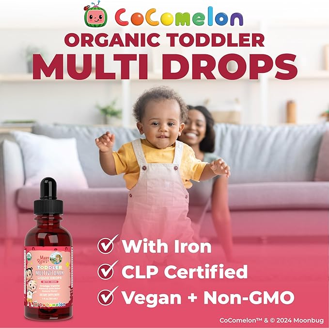 MARYRUTH'S Organics CoComelon Toddler Kids Multivitamin with Iron | Immune Support | Toddler Vitamins | USDA Organic | Sugar Free | Multivitamin Liquid Drops for Kids Ages 1-3 | Vegan | 1 Fl Oz