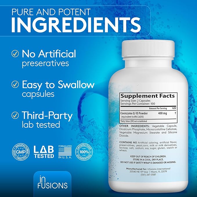 Infusions Pure Extra Strength CoQ10 400mg 200 Capsules High Absorption Gluten Free Non-GMO