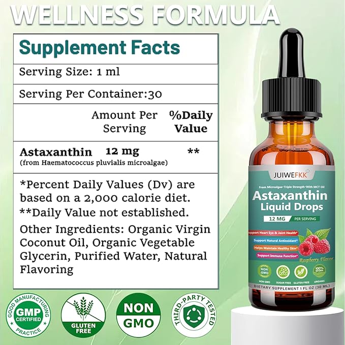 Astaxanthin Supplement 12mg Liquid Drops, Premium Natural Astaxanthin Antioxidant from Fresh Microalgae Source w. Mct Oi for Eye Immune Joint Skin Health, Liquid Formula for Max Absorption