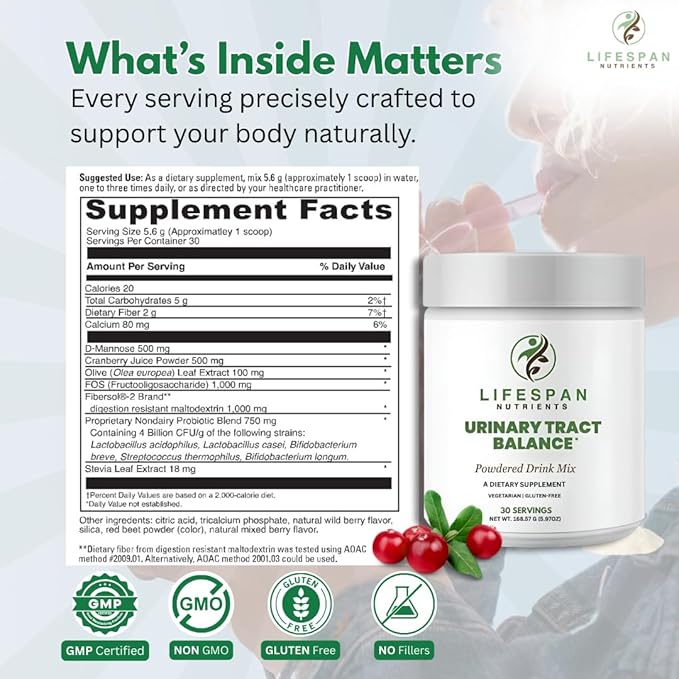 D Mannose with Cranberry and Probiotics Powder Supports Urinary Tract and Bladder Health Easy Mix Drink Vegan Gluten Free 30 Servings