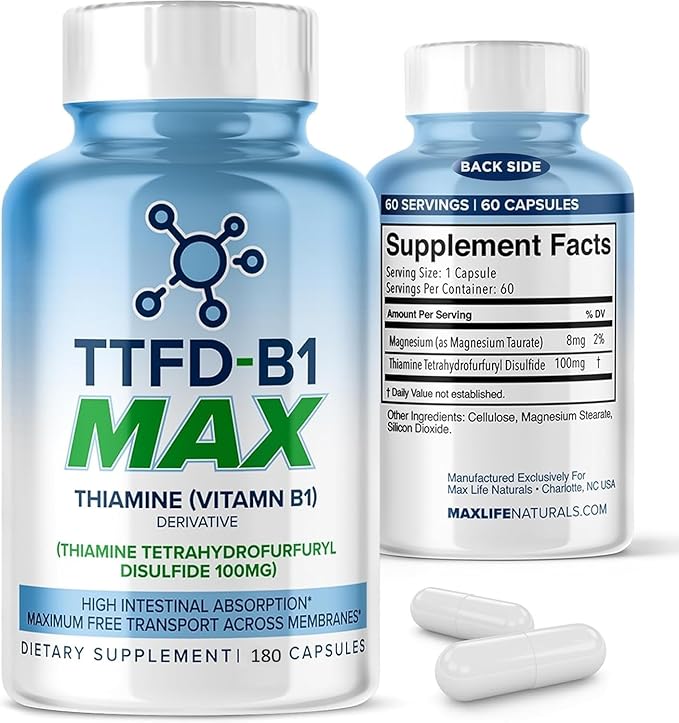 MAXLIFE NATURALS TTFD Thiamine B1 Supplement – 180 Capsules, High Potency Vitamin B1 Thiamine Supplement for Focus, Supports Optimal Nerve Function, TTFD-B1 Max Formula with Magnesium, Made in USA