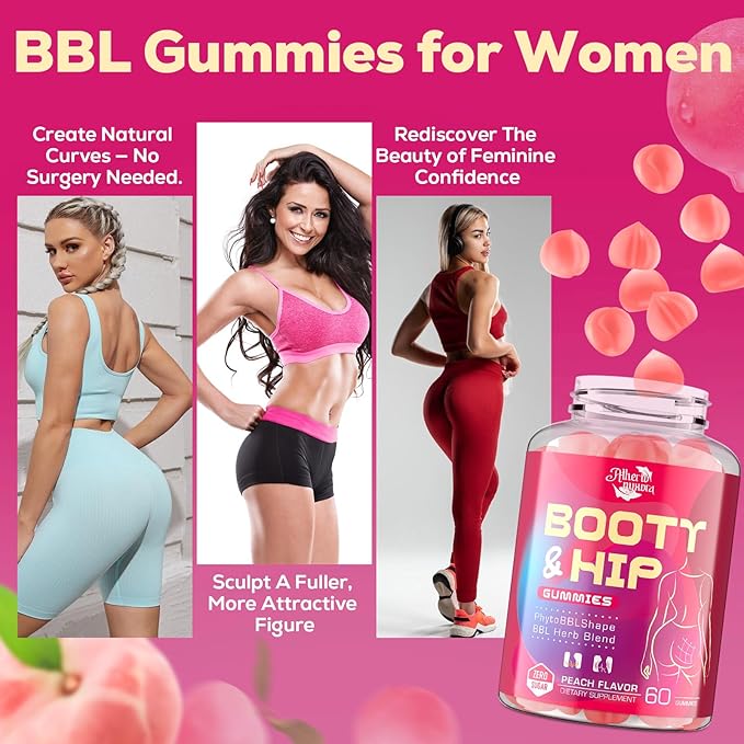 Booty Gummies for Women - BBL Gummies with Bovine Collagen Peptides - Herbal Blend with Aguaje, Fenugreek, Kwao Krua, Wild Yam, Blessed Thistle, Vitamin C & Zinc - Delicious Peach Flavor(120 Count)