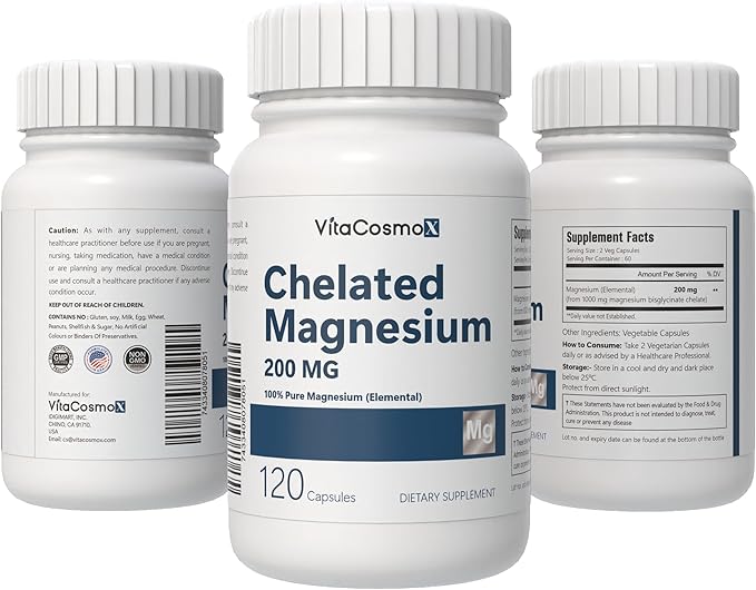 Chelated Magnesium Bisglycinate, 200mg, 120 Vegan Capsules, 60 Servings, Gluten Free, Non-GMO, and Vegetarian Friendly