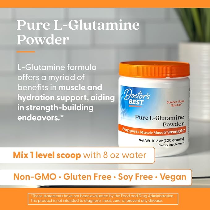 Doctors Best Pure L Glutamine Powder Supplement for Men & Women - L-Glutamine 5g Per Serving, Amino Acid Support, Supports Muscle Mass & Strength, Non-GMO, Gluten Free, Soy Free, Vegan - 10.6 oz