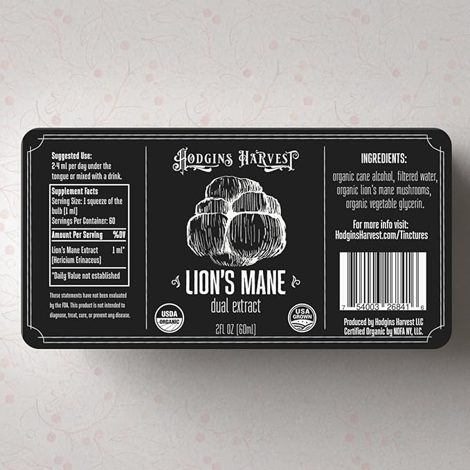 Hodgins Harvest Organic Lion's Mane Fruiting Body Extract Tincture - Mushroom Supplement for Brain Health and Mental Focus - Dual Extract Formula - Extra Concentrated - 2 fl oz Bottle