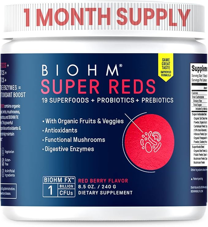 BIOHM Super Reds, Beet Root Powder Antioxidant Smoothie Mix with Tart Cherry Extract and 19 Red Whole Foods Packed with Prebiotics and Probiotics, Non-GMO, Red Berry Flavor, 30 Servings