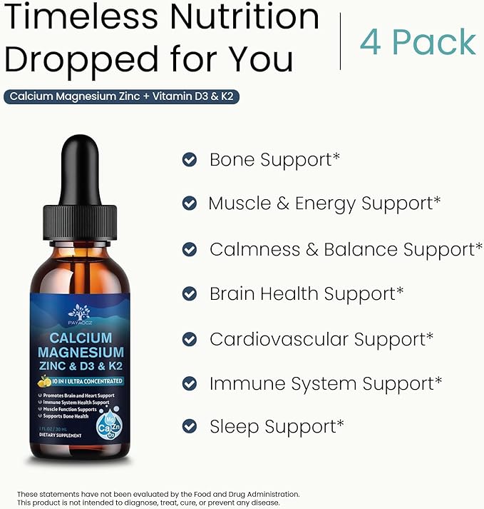 (4 Pack) 10 in 1 Calcium Magnesium Zinc Supplement, Magnesium Glycinate Complex Liquid Drops with Vitamin D3 K2 B6, Vegan Calcium Citrate Bone & Immune Health Support, Sleep & Cramps, Boron, 1 Fl Oz