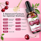 Magnesium Glycinate Supplement, Magnesium Glycinate Liquid Drops 500mg with Calcium, Zinc, Vitamin B6, D3, L-Theanine, Omega 3 for Sleep, Mood, Stress Relief, Bone, Muscle, Cherry Flavor