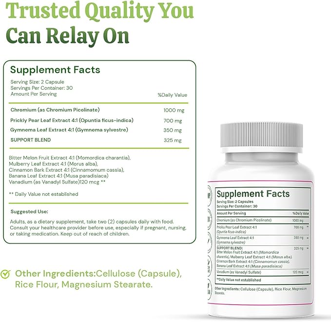 BMega Nopal with Chromium Picolinate - Supports Metabolism & Nutrient Balance - Natural Plant-Based Supplement Helps Support Healthy Blood Sugar Levels & Wellness - 60 Capsules