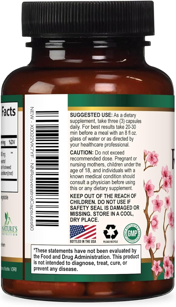 Resveratrol Supplement - 1800mg Per Serving Extra Strength Resveratrol Blend - Antioxidant Blend for Healthy Aging, Heart Health, Cellular Energy & Immune Support - Bottled in USA - 60 Capsules
