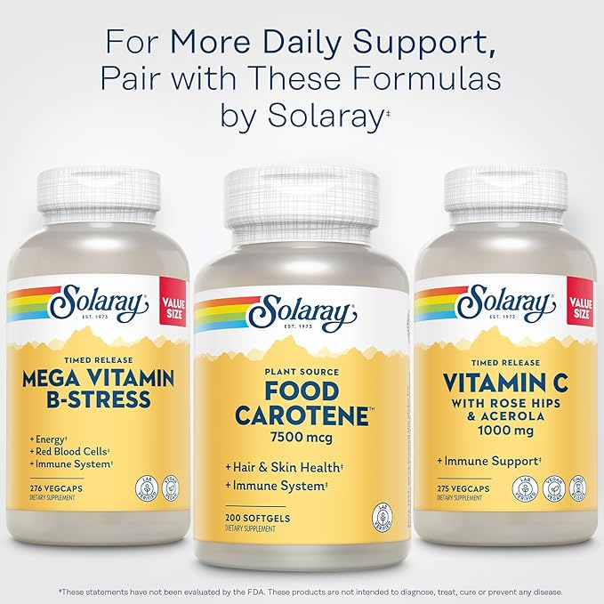 SOLARAY Food Carotene 7500mcg (25000 IU) - Beta Carotene Vitamin A Supplement - Wellness and Immune Support Supplement, Potent Eye Vitamins and Skin Food, Plant Sourced, 60-Day Guarantee, 200 Softgels