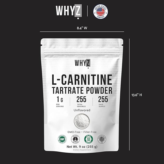 L-Carnitine Tartrate Powder Pure Unflavored Carnitine Supplement Amino Acid Powder L-Carnitine Tartrate Bulk Supply, 255g (9 oz)