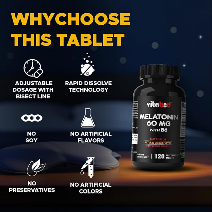Vitabod Melatonin 60 mg with Vitamin B6 – 120 Fast Dissolve Tablets Extra-Strength Sleep Support – Drug-Free – Natural Citrus Flavor – Vegetarian, Non-GMO, Gluten-Free